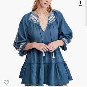 Free People Women's Peasant Top Teal Medium Embroidered tunic mini dress xs
